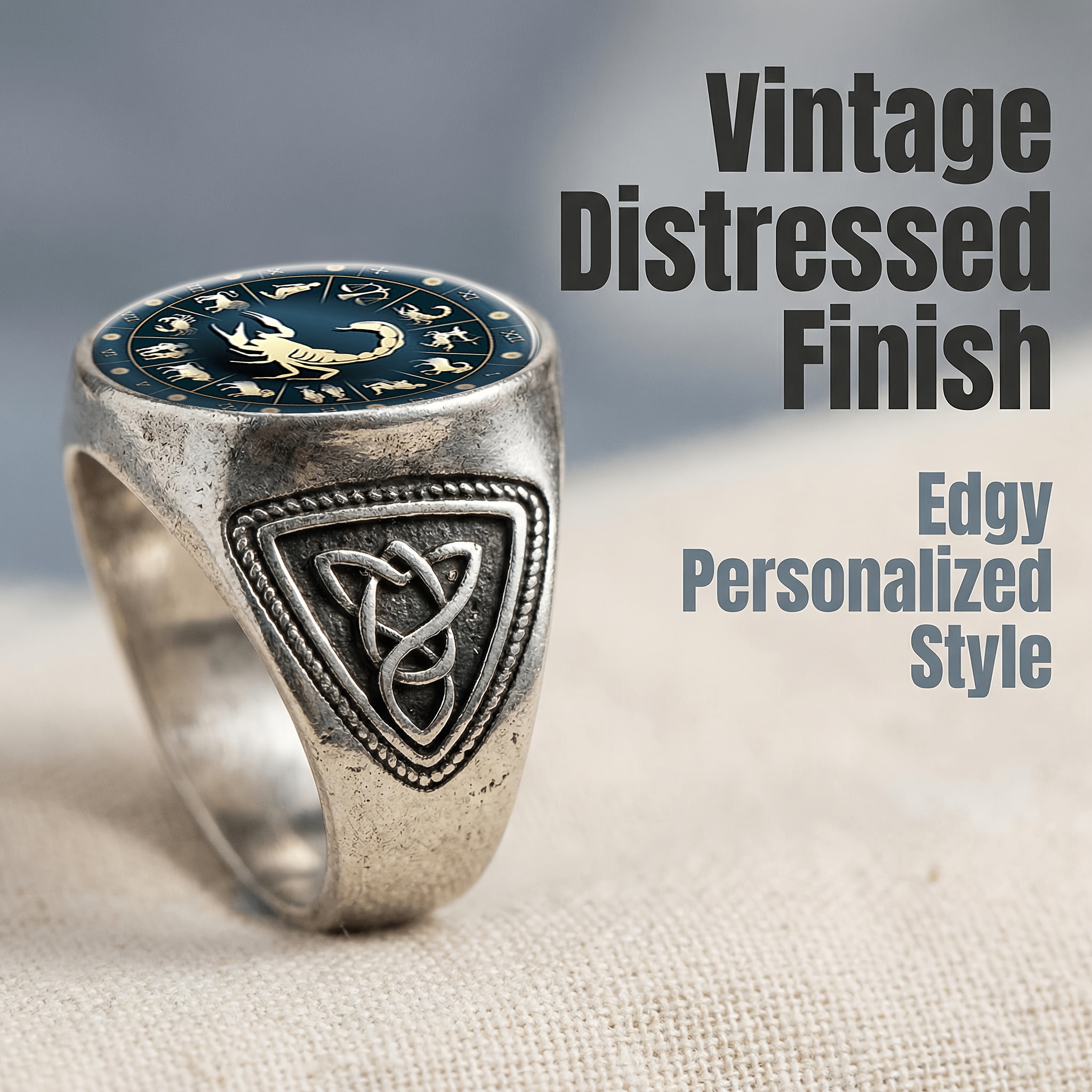 Classic Carved Open Ring with Zodiac Signs and Scorpion Center